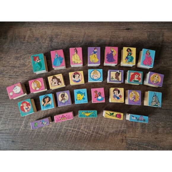 Disney-Princess-Wooden-Stamp-  Set Of 28 Disney Movies & Princess  Rubber Stamp Lot